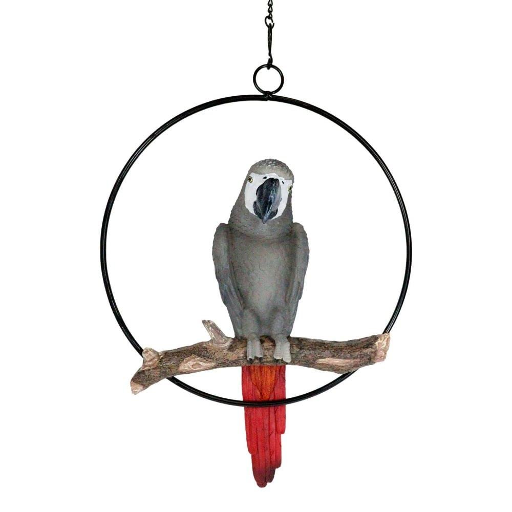 1 Pcs of Hanging Congo African Grey Parrot Perching On Branch with Metal Ring 13.5" H