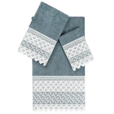 3 Piece Teal Blue Color Cotton Material, Embroidered Turkish Bath Towels 27" X 54" Size, 300-499 GSM Machine Washable Floral Trellis Motif Textured Pattern | All Season Quick Dry Highly Absorbent