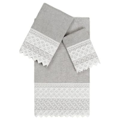 3 Piece Light Gray Color Cotton Material, Embroidered Turkish Bath Towels 27" X 54" Size, 300 - 499 GSM Machine Washable Floral Trellis Motif Textured Pattern | All Season Quick Dry Highly Absorbent