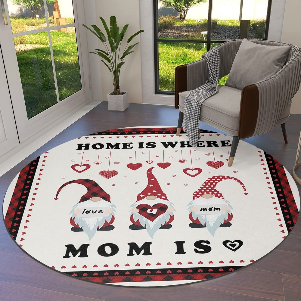 Round Area Rug 4 Ft for Bathroom Collection Room Area Floor Mat Mother's Day Gnome Home is Where MOM is Love Non-Slip and Washable Carpets for Indoor Bedroom Kids Room Home Decor