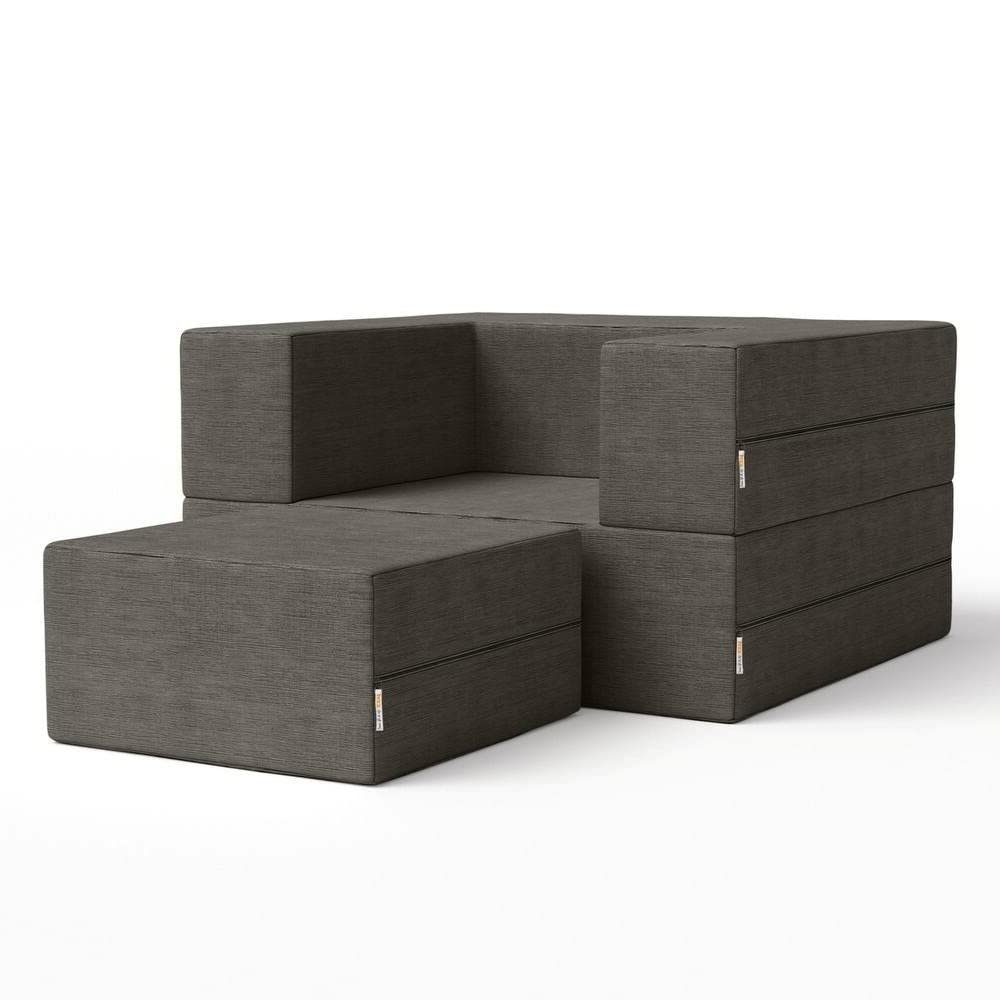 Modern Foldout Convertible Chair Sleeper Couch with Ottoman | Velvet Pullout Sofa Beanbag with Sturdy Backrest,Comfortable Plush Durable Reclining | Charcoal Gray Color Converted in Twin Size Bed