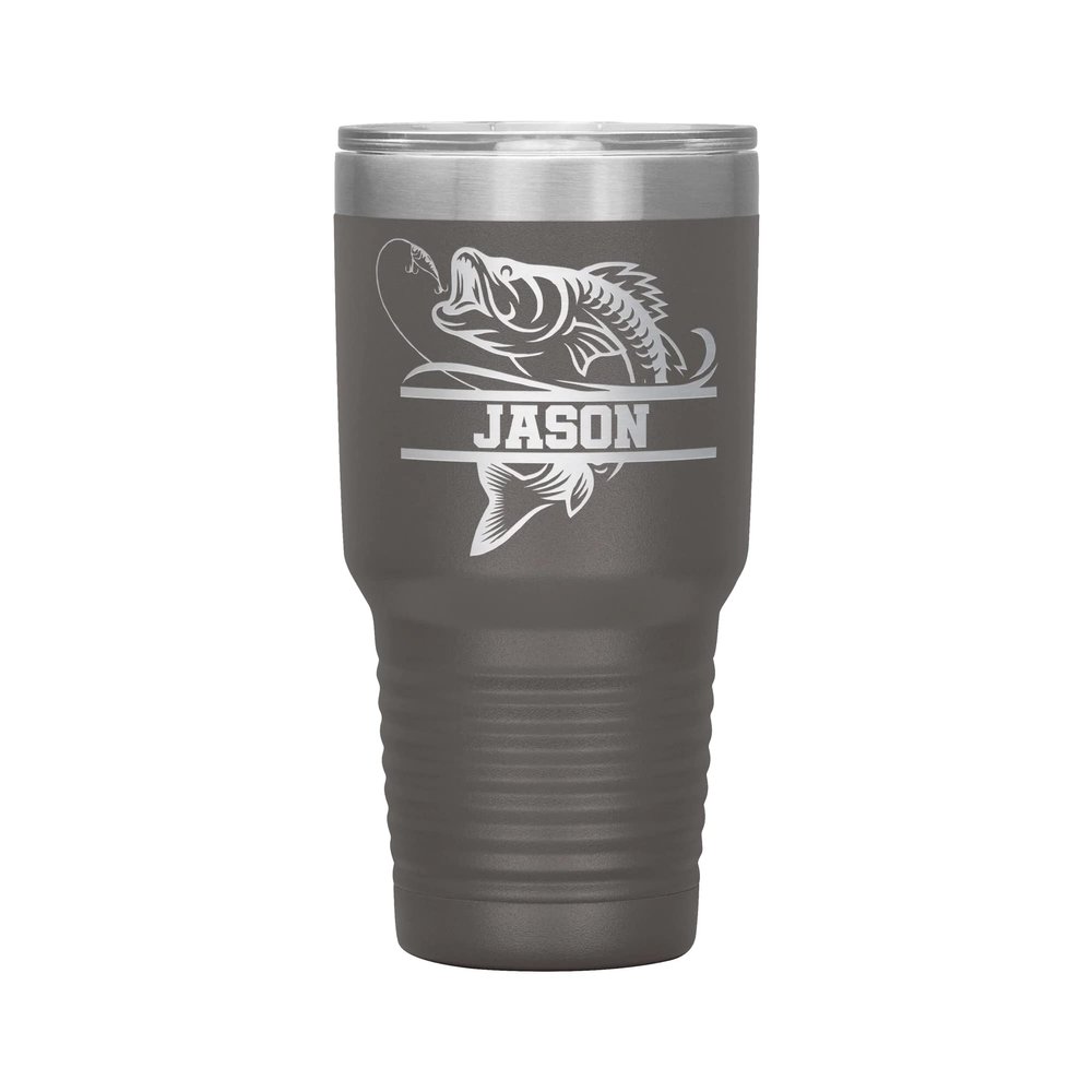Personalized Bass Fishing Tumbler - Bass Fishing Gift - 30oz Insulated Engraved Stainless Steel Fishing Travel Mug Pewter