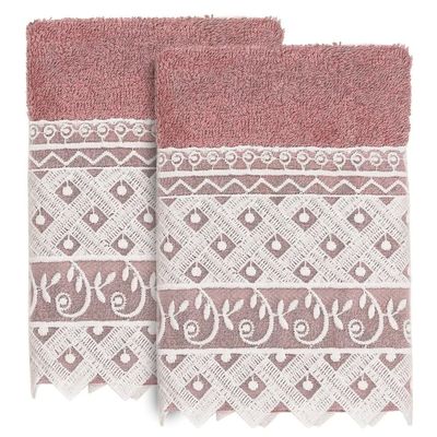 2 Piece Rose Cotton Material, Embroidered Washcloth Turkish Bath Towels 13" x 13" Size, 300-499 GSM Machine Washable Floral Trellis Motif Textured Pattern | All Season Quick Dry Highly Absorbent