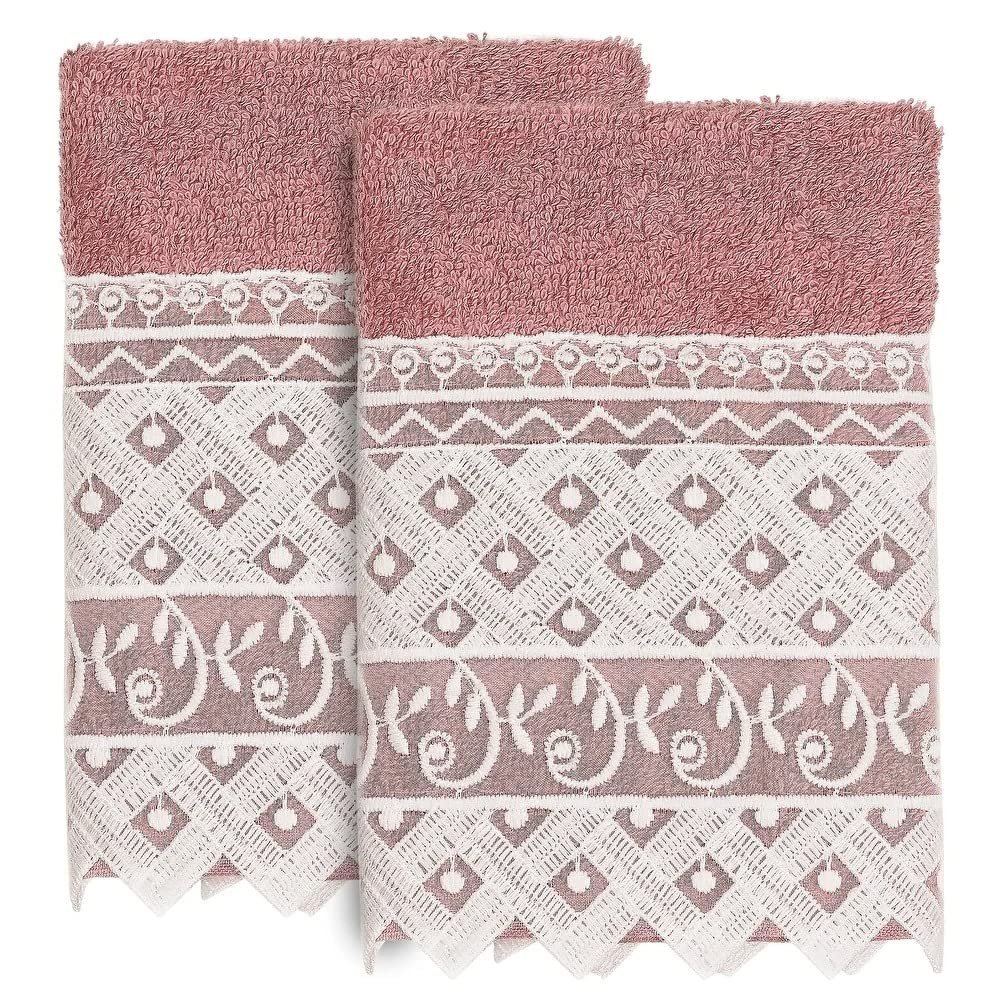 2 Piece Rose Cotton Material, Embroidered Washcloth Turkish Bath Towels 13" x 13" Size, 300-499 GSM Machine Washable Floral Trellis Motif Textured Pattern | All Season Quick Dry Highly Absorbent