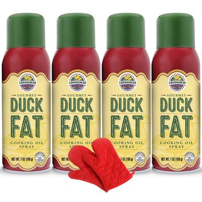 Cornhusker Kitchen Gourmet Duck Fat Spray Cooking Oil 4 Pack Bundle with Deco Chef Pair of Red Heat Resistant Oven Mitt