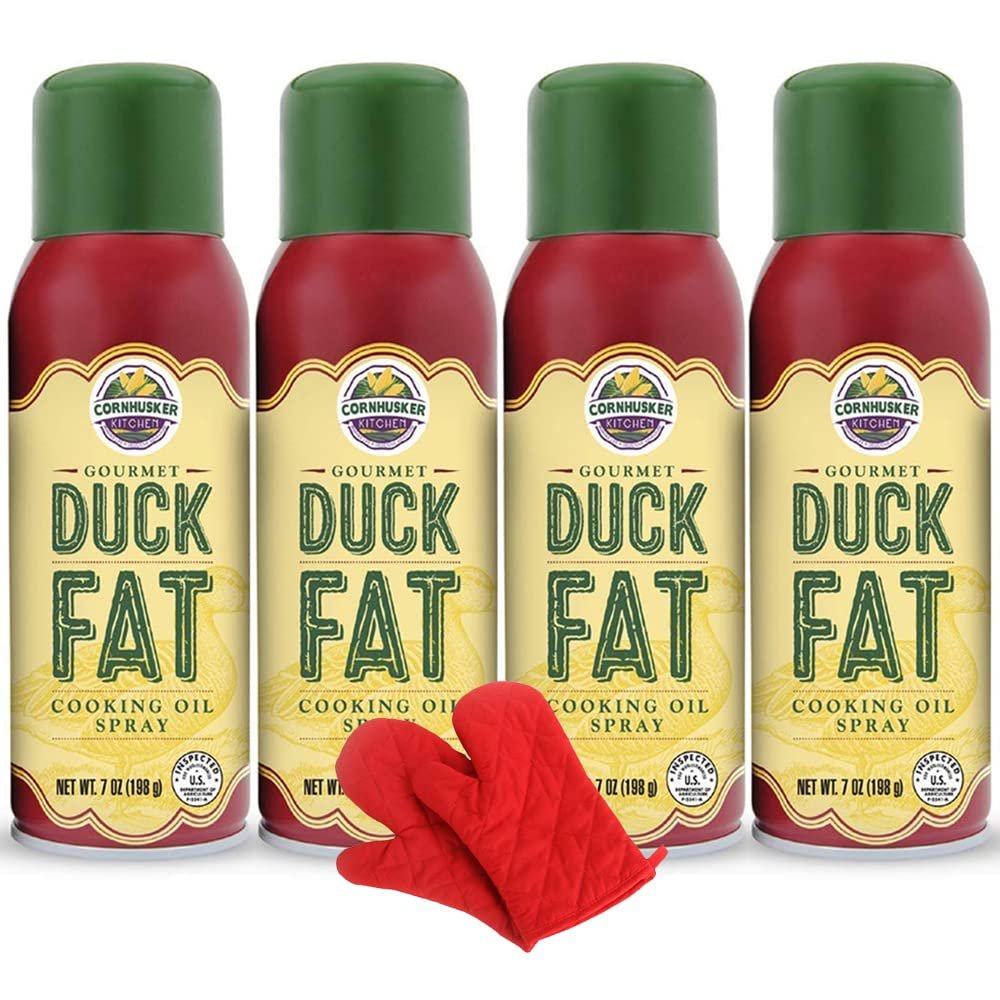 Cornhusker Kitchen Gourmet Duck Fat Spray Cooking Oil 4 Pack Bundle with Deco Chef Pair of Red Heat Resistant Oven Mitt