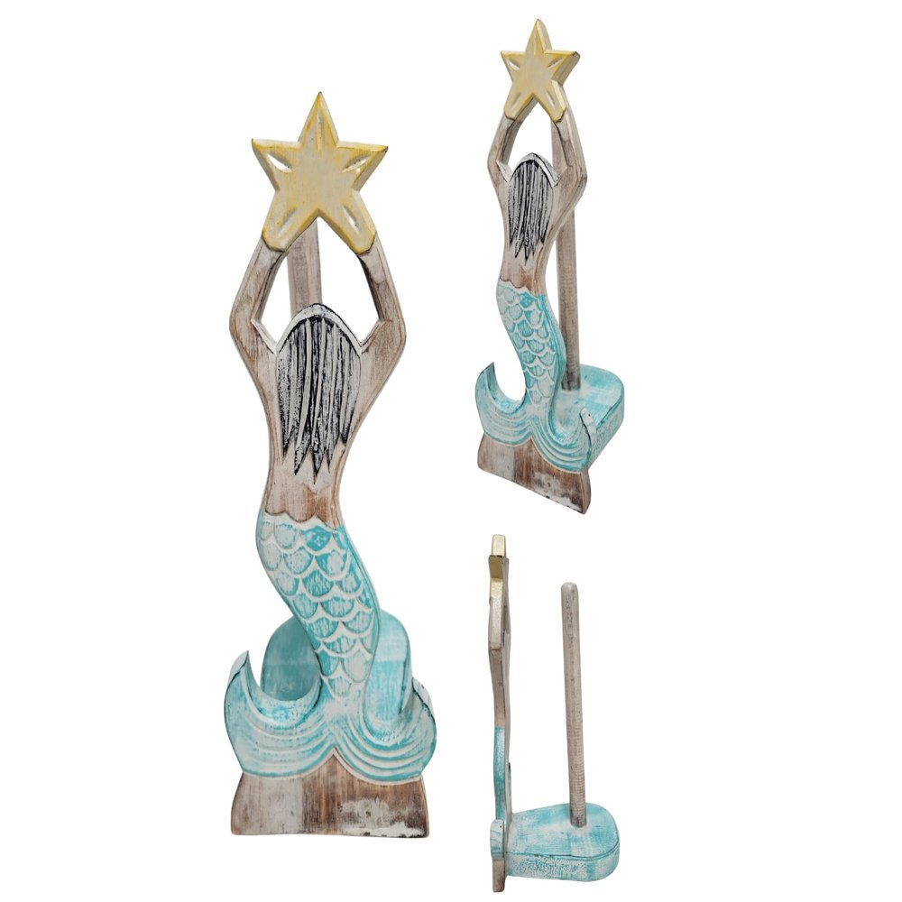 Hand Carved Mermaid Star Fish Paper Towel Holder Wood Carving Nautical Statue Kitchen Gadget Sculpture