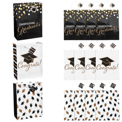 Fun Express 10" x 13" Large Black & Gold Graduation Paper Gift Bags with Tag, 12 Pieces