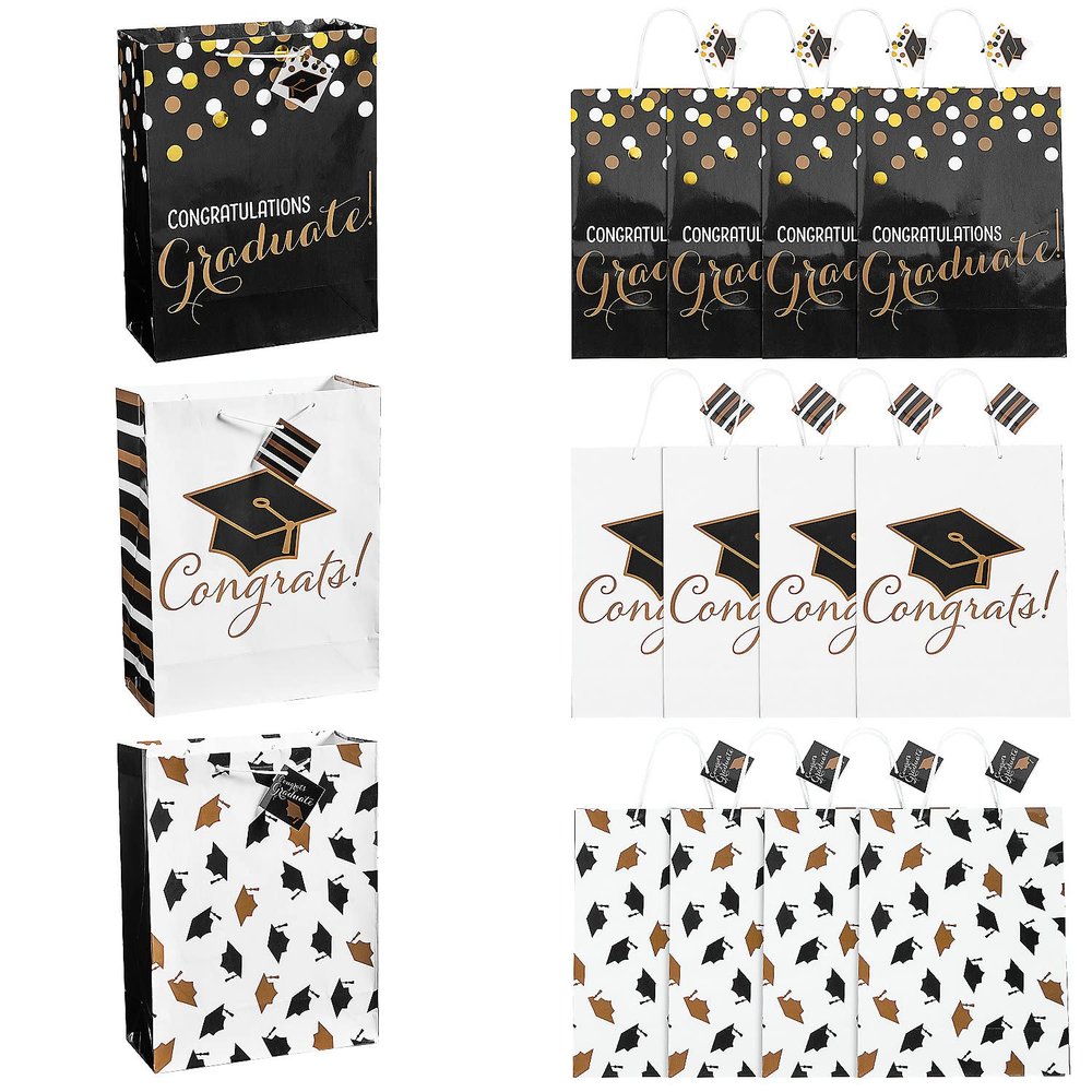 Fun Express 10" x 13" Large Black & Gold Graduation Paper Gift Bags with Tag, 12 Pieces