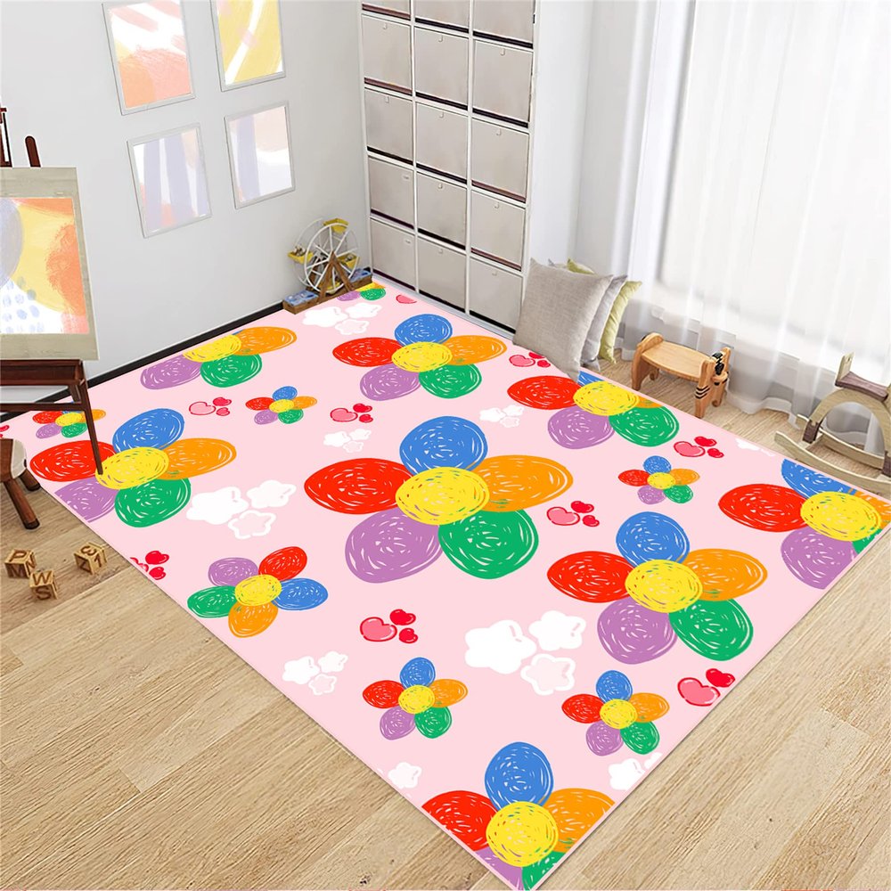 BATATADOCE Flower Area Rug, Pink, 4'5', Polyester, Low Pile, Handmade, Machine Washable, Modern, Indoor Home Use, for Girls Bedroom