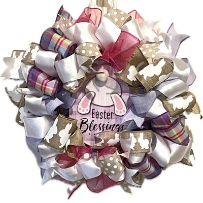 13 Easter Ribbon Wreath "Easter Blessings" Colorful Tailed Bunny Handmade MW4
