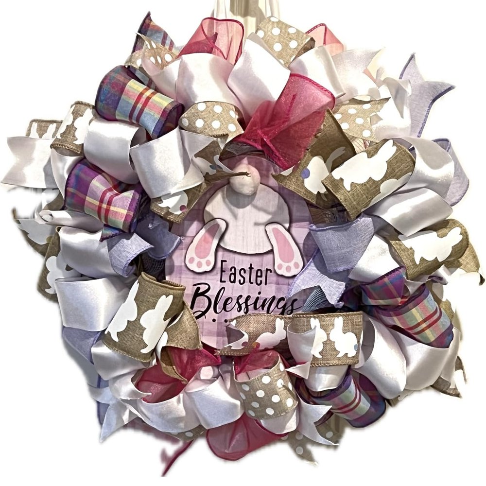 13 Easter Ribbon Wreath "Easter Blessings" Colorful Tailed Bunny Handmade MW4