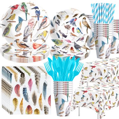 Xigejob Bird Party Decorations Tableware for Bridal Baby Shower Birthday Wedding Summer Tea, Colorful Bird Birthday Party Supplies, Paper Plate, Cup, Napkin, Tablecloth, Cutlery, Serves 24