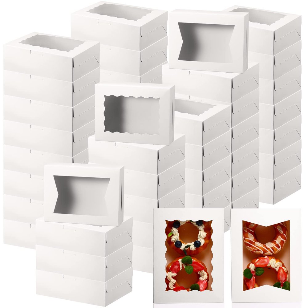 TaoBary 100 Pcs 8 Inch Bakery Boxes 8 x 6 x 2.5 Inch Cookie Pastry Boxes with 2 Style Window for Cookie Treat Chocolate Strawberries Cupcakes Candy Muffins(White)