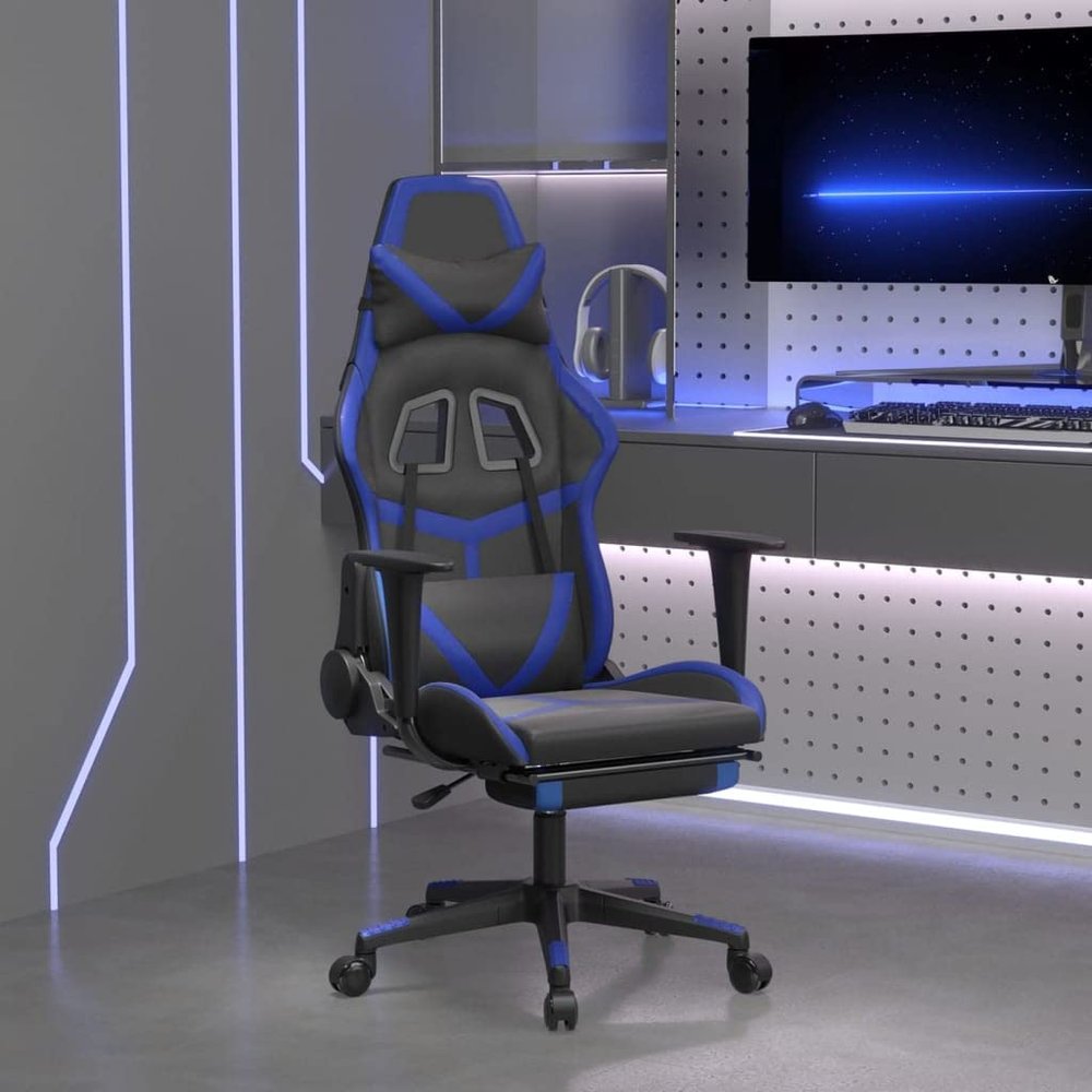 CHARMMA Massage Gaming Chair with Footrest Black&Blue Faux Leather-776