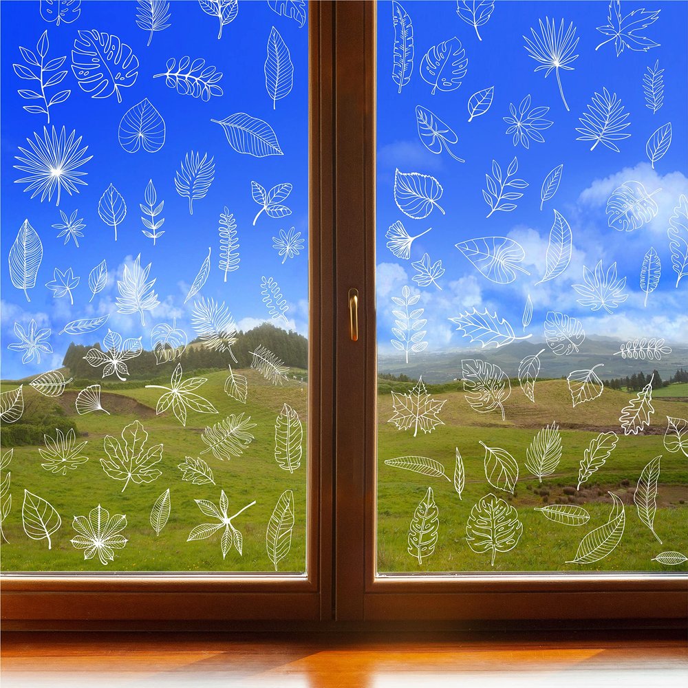 90 PCS Leaf Window Clings - Double Sided White Leaves Stickers - 90 Designs - Reusable Window Decals - Static Clings - Bird Alert - Prevent Bird Strikes