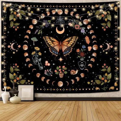 Aipon Yellow Butterfly Moon Flower Tapestry Botanical Floral Plant Boho Tapestry for Bedroom Aesthetic Vintage Tapestries Wall Hanging for Living Room Dorm (68.00''  90.00'', Yellow)