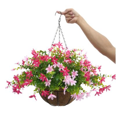 12 Inch Large Home Wedding Party Porch Garden Decoration Chain Hanging Basket Flower Silk Artificial Magnolias (Red and Pink)