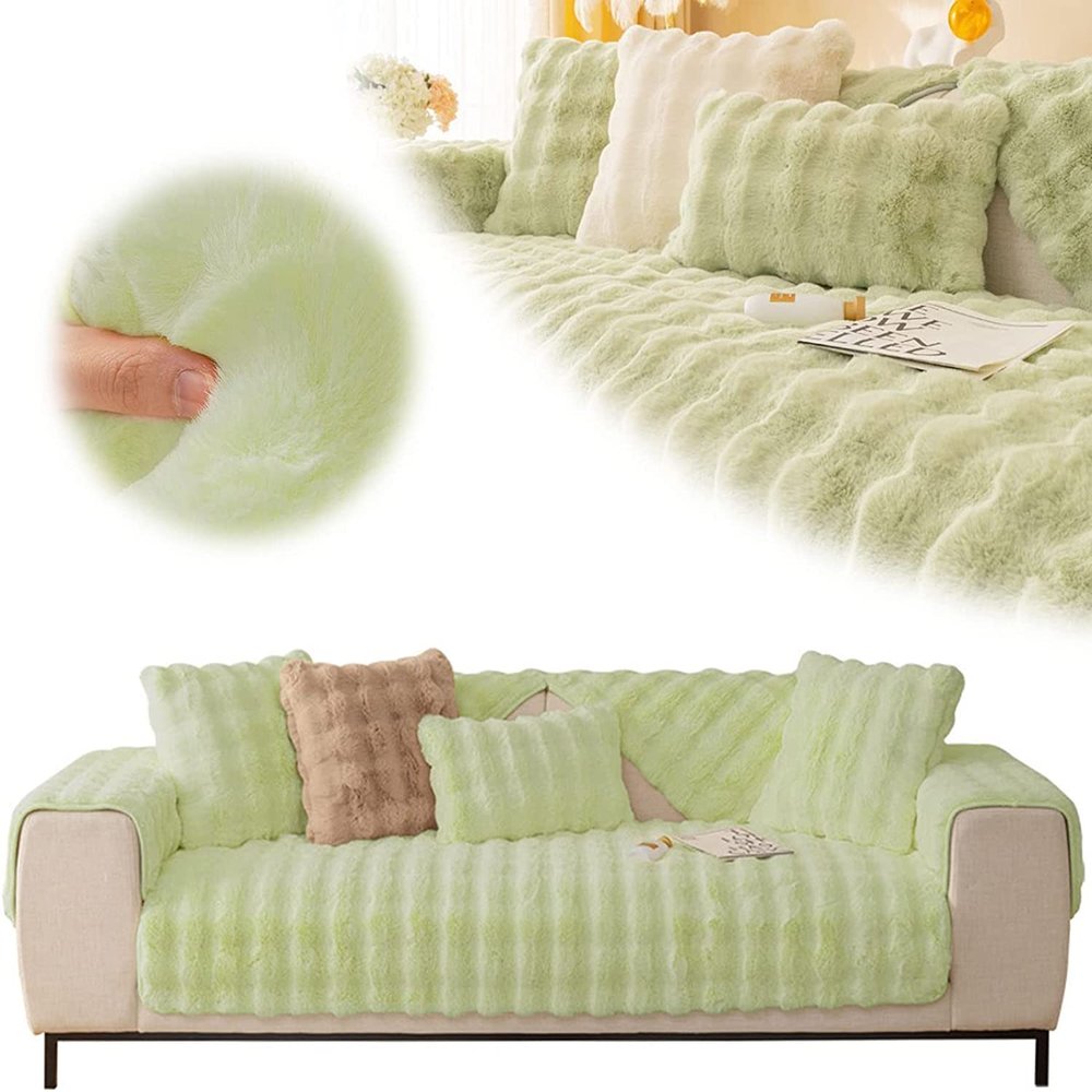 Super Thick Rabbit Plush Sofa Cushion, Upgraded Non-Slip Sofa Cover Pad, Soft Faux Fur Throw Pillow Cover, Fluffy Couch Cushion Covers Furniture Protector ( Color : Green , Size : Sofa Cushion 90*180c