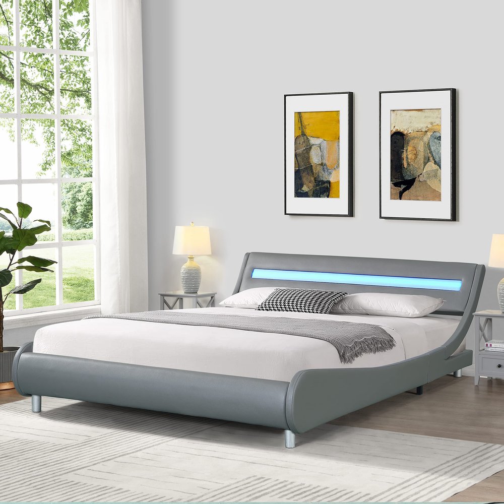 Anwickmak Modern Low Profile Platform Bed Frame, Faux Leather Upholstered Platform Bed Frame with LED Headboard and Curve Design, Wood Slat Support, No Box Spring Needed, Easy Assemble (Grey, Queen)