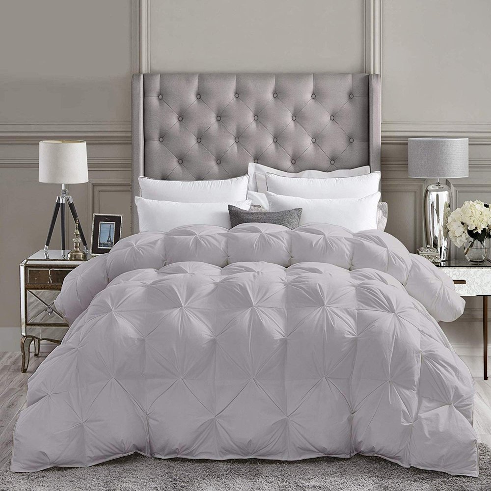Saferay Green All-Season Luxury - Pintuck Style 100% Organic Cotton Overzied King Size 132 x 120 Inches 3-Piece Pinch Pleat Comforter with 4 Corner Tabs, 500 GSM - Machine Washable (Silver Solid)