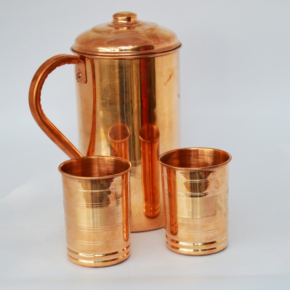 2 Pieces Drinking Water Glasses With 1 Copper Pitcher Jug, The Great Ayurveda Product