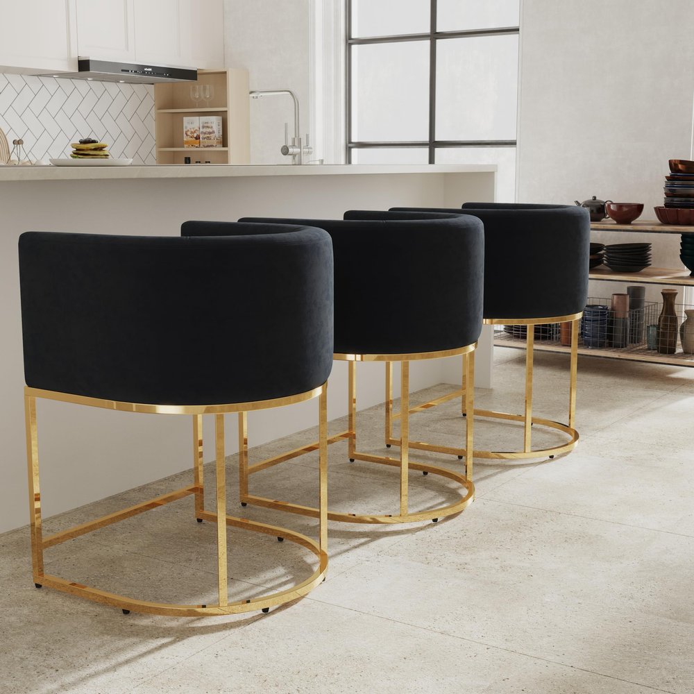 RIVOVA Contemporary Black Velvet Bar Stools Set of 3, 24" Upholstered Fabric Counter Height Barstools Kitchen Counter Island Stools with Screwed Together Golden Metal Base