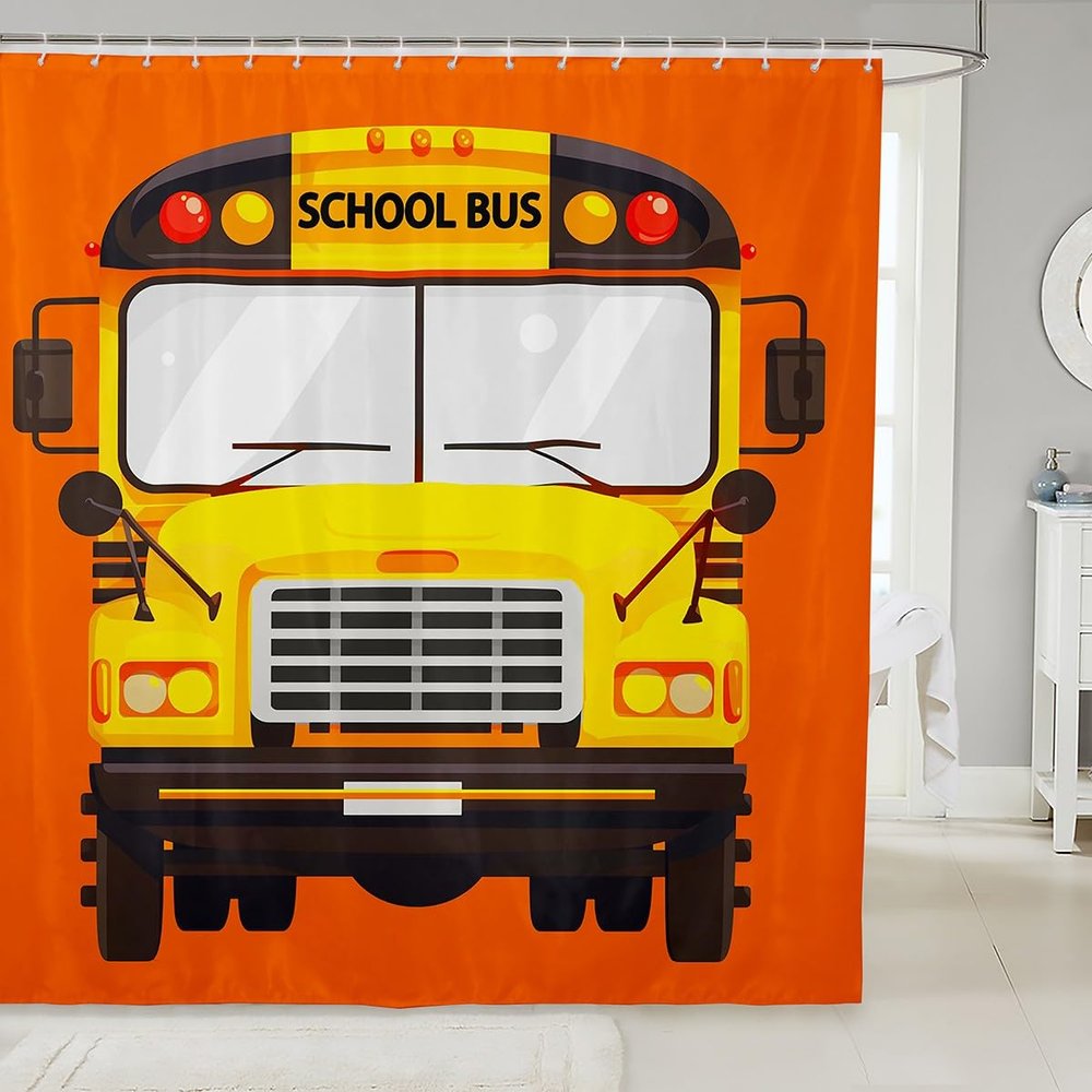 Manfei Kids School Bus Shower Curtains Cartoon Vehicle Waterproof Bath with 12 Hooks Suits for Bathtub, Transportation Truck Bathroom Boys Teens Room Decor, 72/'' W x L, WWS14287ZC-YL_s