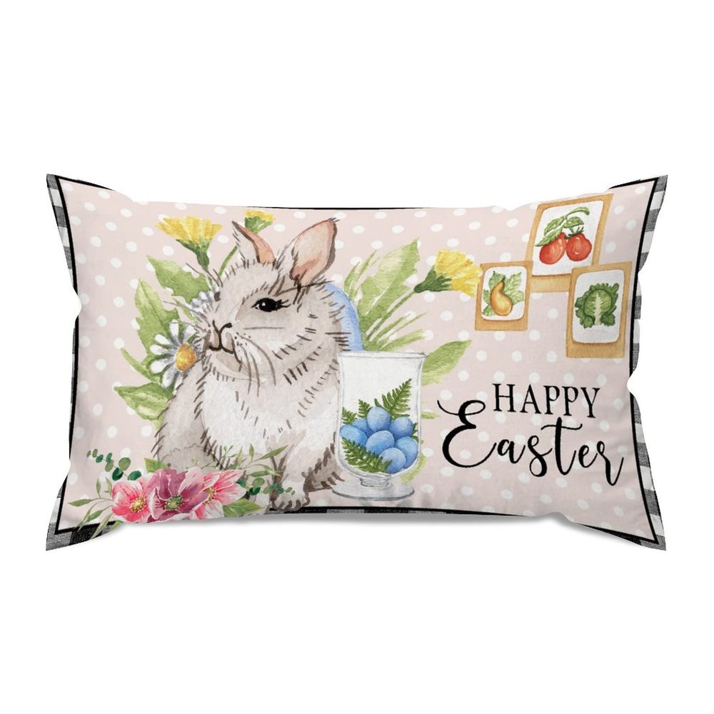 Black Plaid Cute Easter Rabbit with Flower Egg Lumbar Throw Pillow Covers 12x20 Canvas Pillow Case Happy Easter Cushion Covers Farmhouse for Couch for Kids Women Girls