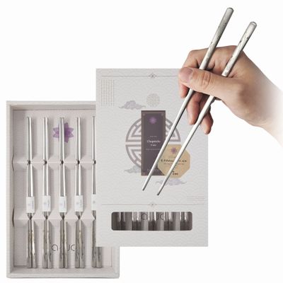 BALWOO Korean Flat Chopsticks [5 Sets][Made in Korea] 304 Premium Stainless Steel Mukbang Utensil Cutlery Silverware Metal Chopsticks (Orchid Painting)