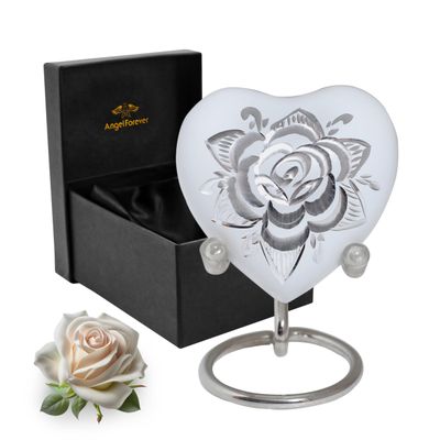 Rose Heart Keepsake Urn for Human Ashes Floral Mini Memorial Urn with Stand & Velvet Gift Box (White)