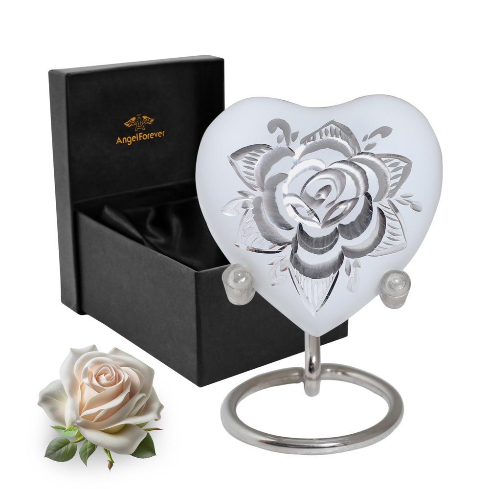 Rose Heart Keepsake Urn for Human Ashes Floral Mini Memorial Urn with Stand & Velvet Gift Box (White)