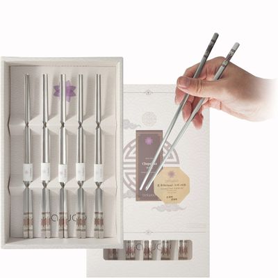 BALWOO Korean Flat Chopsticks [5 Sets][Made in Korea] 304 Premium Stainless Steel Mukbang Cutlery Silverware Metal Chopsticks (Turtle Red)