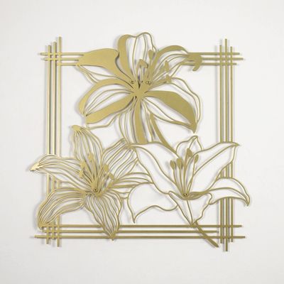 Colorfull Worlds Azalea Triple Set with Bars Frame Metal Wall Decor | Unique Modern Decoration for Living Room | Metal Wall Art | Housewarming Gift | Office Decor | (36" x 36" | 90 x 90 cm | Gold)