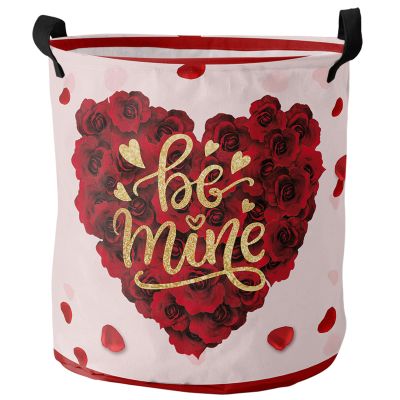 Valentine's Day Love Roses Large Laundry Basket, Waterproof Laundry Hamper for Baby Clothes, Pink Backdrop Foldable Laundry Baskets with Handles, 13.8''x17''