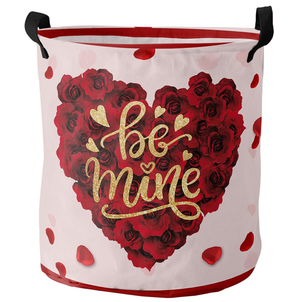 Valentine's Day Love Roses Large Laundry Basket, Waterproof Laundry Hamper for Baby Clothes, Pink Backdrop Foldable Laundry Baskets with Handles, 13.8''x17''