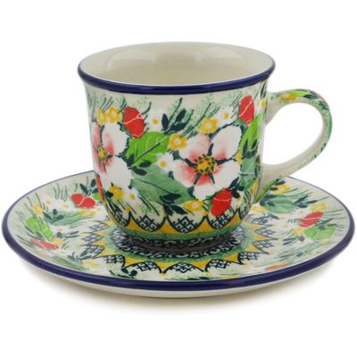 Polmedia Polish Pottery Cup with Saucer UNIKAT - Country Boutique Pattern Handmade in Boleslawiec Poland by Ceramika Artystyczna + Certificate of Authenticity