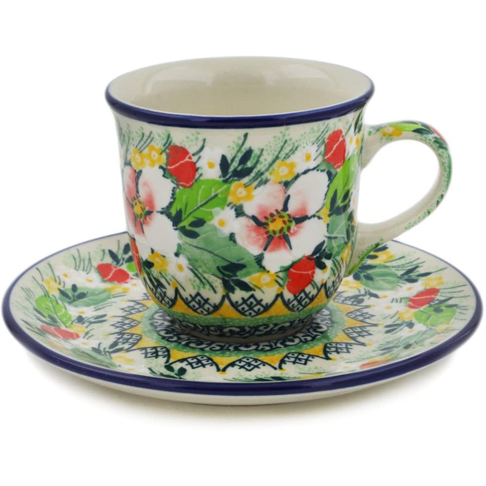 Polmedia Polish Pottery Cup with Saucer UNIKAT - Country Boutique Pattern Handmade in Boleslawiec Poland by Ceramika Artystyczna + Certificate of Authenticity