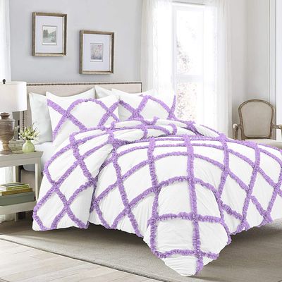Luxury Diamond Ruffle Dual-Tone Duvet Cover 5 Piece Set with Zipper Closure, 100% Egyptian Cotton & 400TC Comforter/Quilt Cover Bedding Set - Lavender Solid, Full Size.