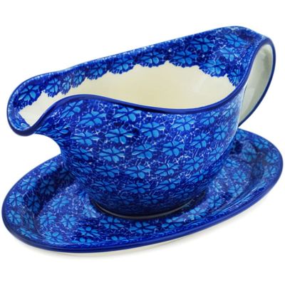 Polmedia Polish Pottery Gravy Boat with Saucer - Deep Into The Blue Sea Pattern Handmade in Boleslawiec Poland by Ceramika Artystyczna + Certificate of Authenticity
