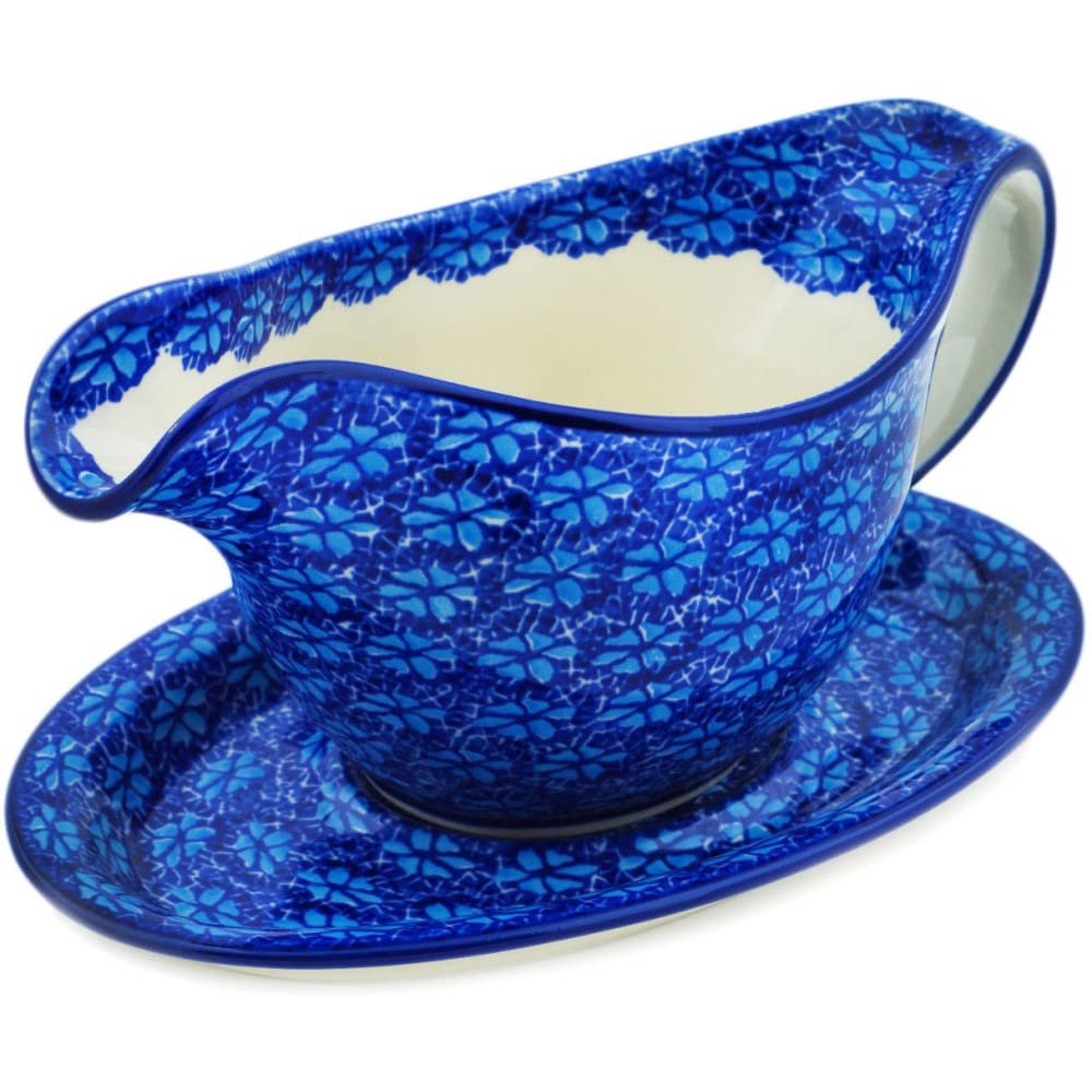 Polmedia Polish Pottery Gravy Boat with Saucer - Deep Into The Blue Sea Pattern Handmade in Boleslawiec Poland by Ceramika Artystyczna + Certificate of Authenticity