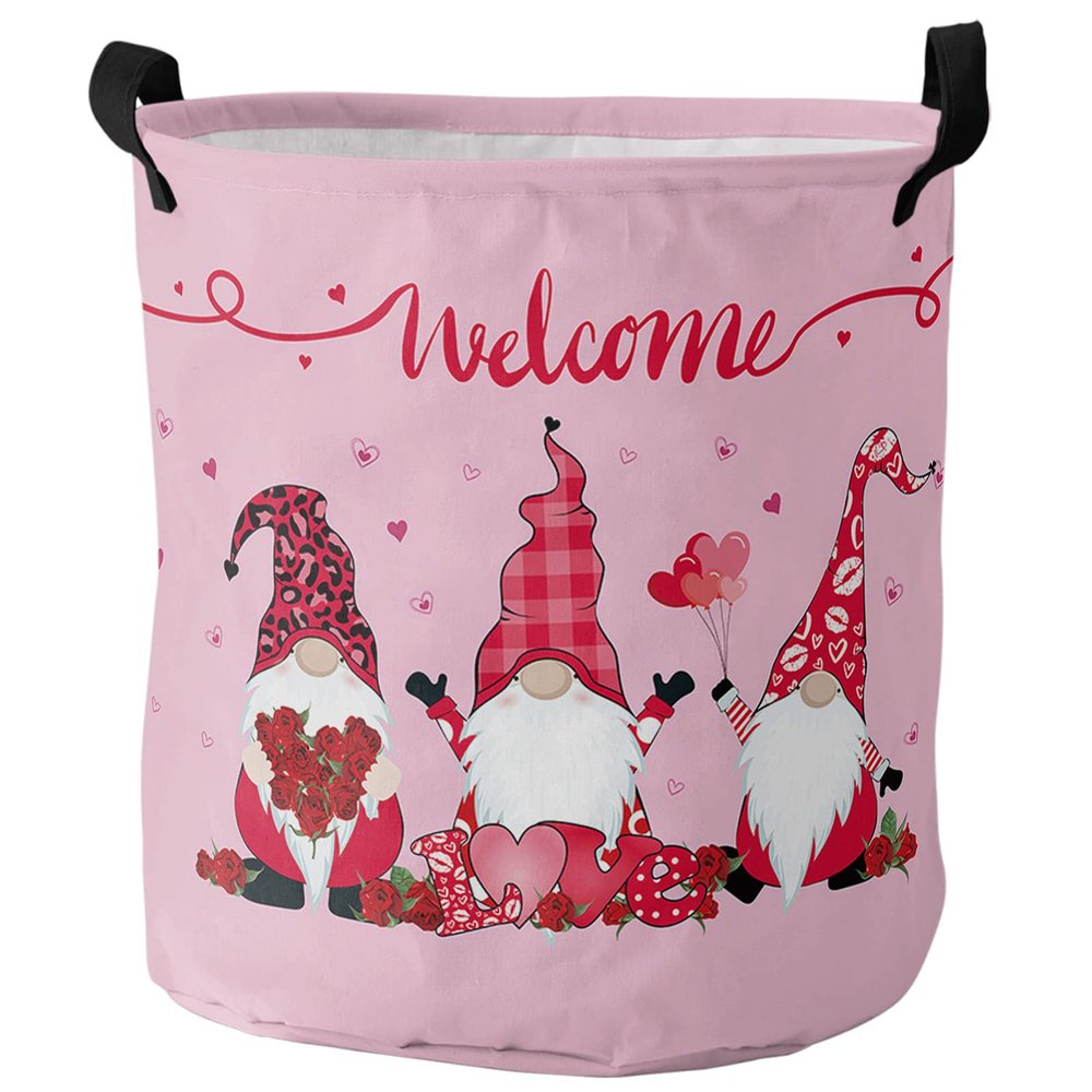Gnome Roses Filling Valentine Large Laundry Basket, Waterproof Laundry Hamper for Baby Clothes, Pink Love Backdrop Foldable Laundry Baskets with Handles, 13.8''x17''