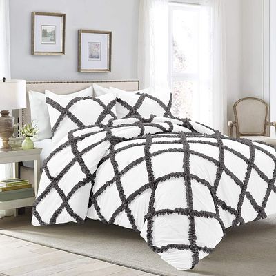 Luxury Diamond Ruffle Dual-Tone Duvet Cover 5 Piece Set with Zipper Closure, 100% Egyptian Cotton & 400TC Comforter/Quilt Cover Bedding Set - Dark Grey Solid, Full Size.