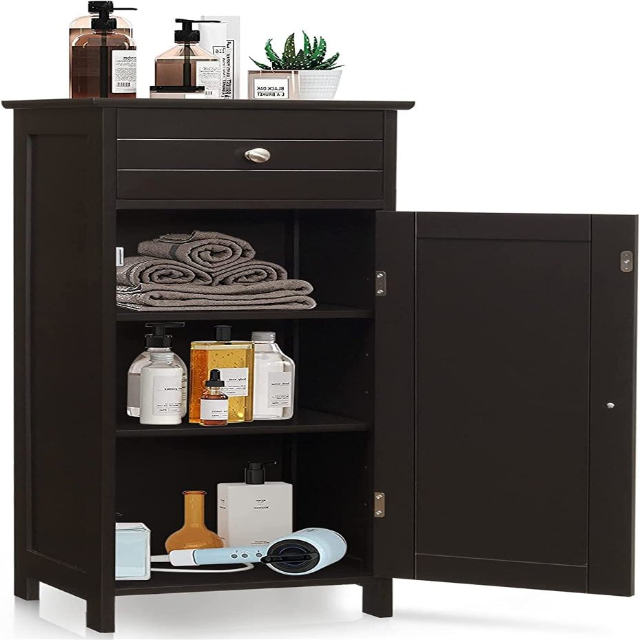 HAPPYGRILL Bathroom Floor Cabinet, Single Door Floor Storage Cabinet Organizer with Drawer and 3-Level Adjustable Shelves, Bathroom Cabinets Freestanding with Anti-Tipping Device for Living Room