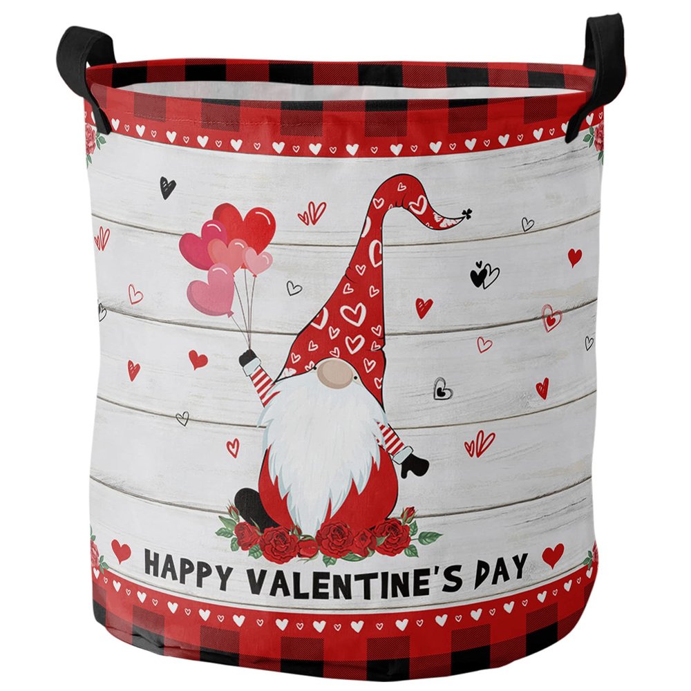 Happy Valentine's Day Gnomes with Love Balloon Large Laundry Basket, Waterproof Laundry Hamper for Clothes, Retro Wooden Stripes Buffalo Red Lace Foldable Laundry Baskets, 13.8''x17''