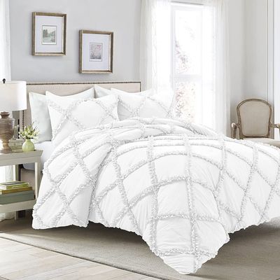Luxury Diamond Ruffle Dual-Tone Duvet Cover 5 Piece Set with Zipper Closure, 100% Egyptian Cotton & 400TC Comforter/Quilt Cover Bedding Set - White Solid, Super King Size.