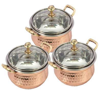 Aakrati Devyom Handicraft Set Of 3 Indian Hammered Copper Stainless Steel Serving Bowl For Food Soup With Handle And Glass Lid Decorative Seveware Size- 6 Inch
