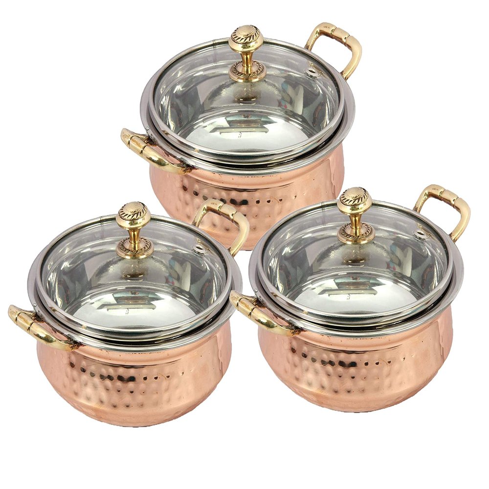 Aakrati Devyom Handicraft Set Of 3 Indian Hammered Copper Stainless Steel Serving Bowl For Food Soup With Handle And Glass Lid Decorative Seveware Size- 6 Inch