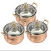 Aakrati Devyom Handicraft Set Of 3 Indian Hammered Copper Stainless Steel Serving Bowl For Food Soup With Handle And Glass Lid Decorative Seveware Size- 6 Inch view 1