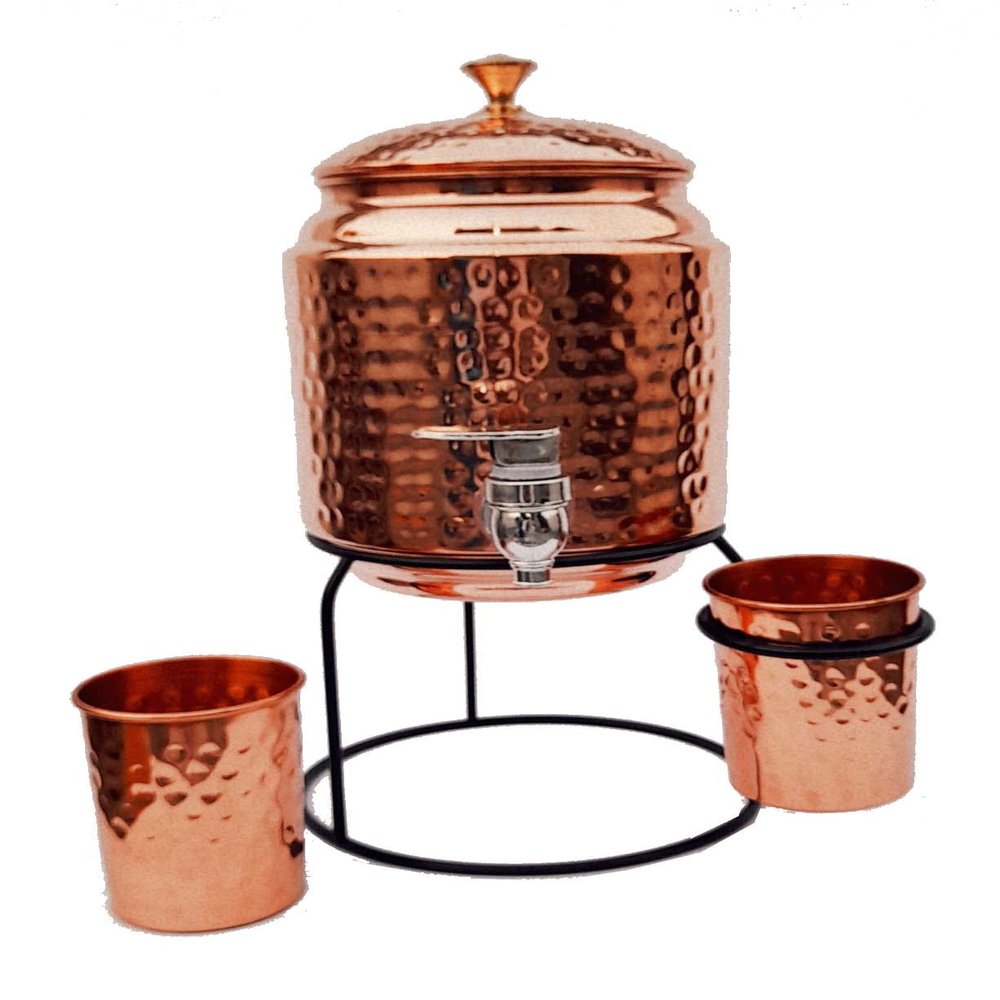 Aakrati Devyom International Copper Water Dispenser 3000Ml, 2Pcs Glass 300 Ml With Stand, 36 Cms Height, 18 Cms Depth 1500 Gms 0.79 Gallon For Water Storage